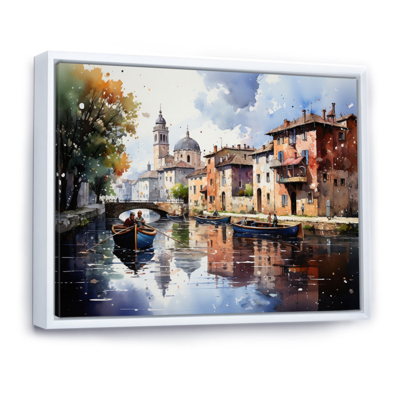 «Beige Canal Waterway Pointillism», reproduction sur toile, Cadre photo noir, H 12 po x l 20 po x P 1 po