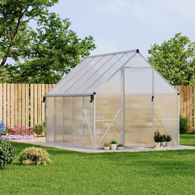 8×10 ft Outdoor Polycarbonate Greenhouse, Walk-In with Quick-Setup Aluminum Frame, Adjustable Roof Vent, Silver