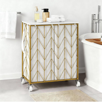 Laundry Basket with Wheels, Heavy Duty Laundry Hamper with Wood Lid, Clothes Hamper with Divided Removable Liner Bag,Made Laundry Sorter Laundry Room Organization (Golden)