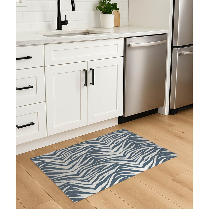 Zebra Patch Lightweight Non-Slip Kitchen Mat, Blue, Rectangle 3' x 5'