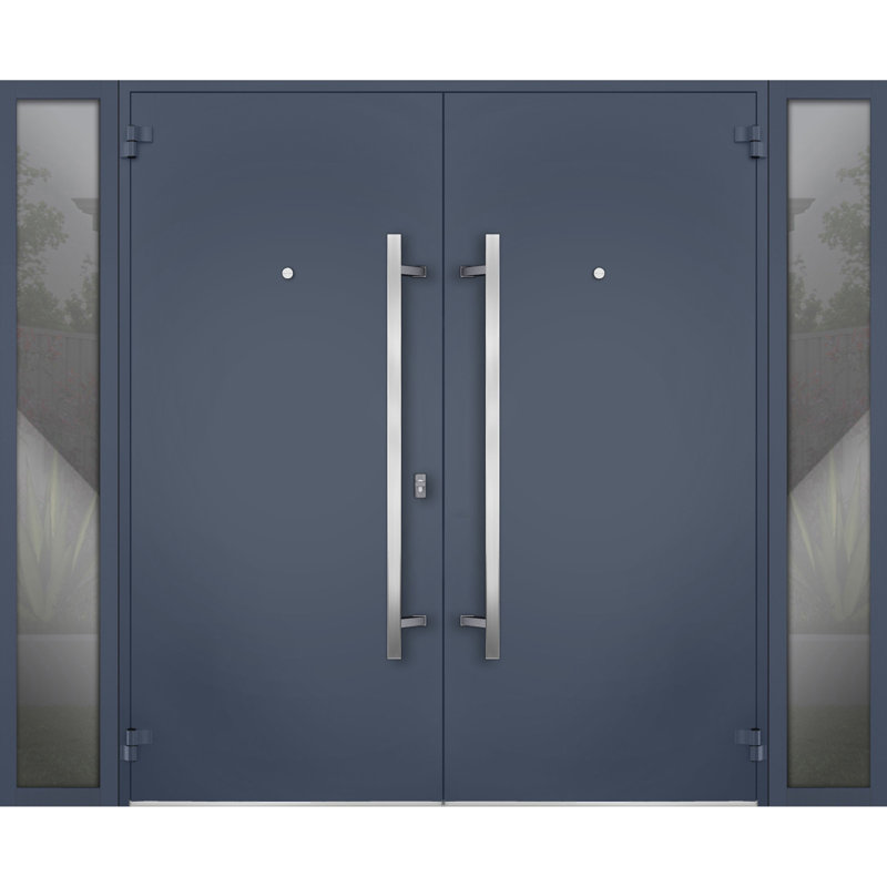Façade avant extérieure double portes en métal / deux insertions en acier inoxydable gris graphite 0729/2 fenêtres extérieures latérales / porte d'entrée moderne peinte à gauche à l'intérieur 104 po x 80 po