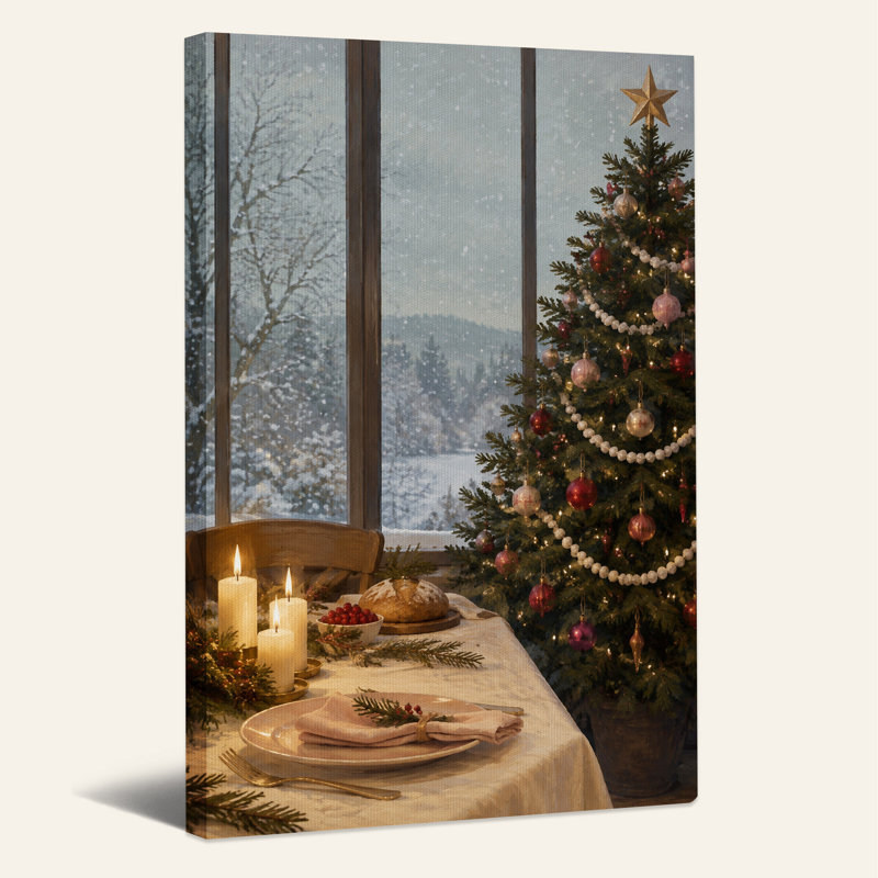 «Snowy Window View with Tree and Table de salle à manger», art mural sur toile, H 36 po x l 24 po