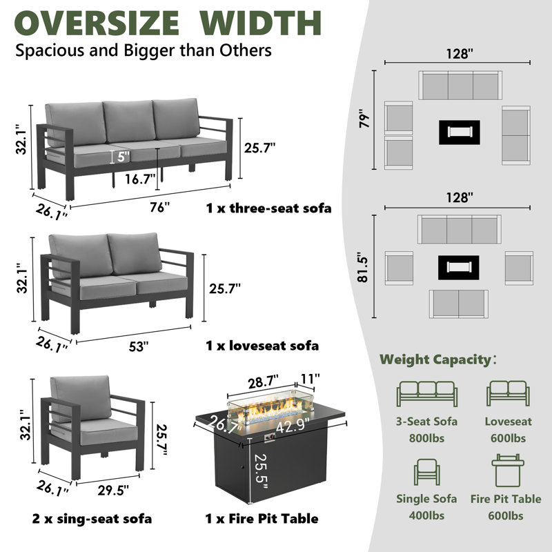 7-Person Sofa Seating Group With Fire Pit Table, Dark Gray, Gray