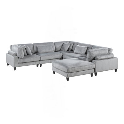 6Pc Modular Sectional Set Gray Corduroy Upholstery 2X Armless Chairs 3X Corner Seats 1X Ottoman Pillows Living Room Furniture