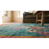Green Antique Wool Floral Hand Knotted Pile 1920s Rectangle Rug