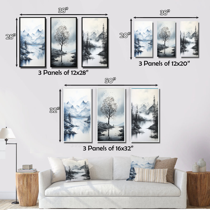 «Gray Blue Minimalisme Forest Reflections», 3 pièces, Toile tendue, H 32 po x l 48 po