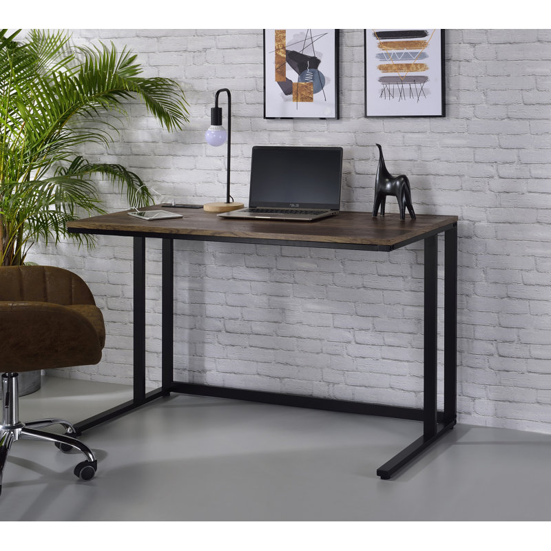 Walnut & White Writing Desk with Built-in USB Port – Modern Office & Study Desk, Black