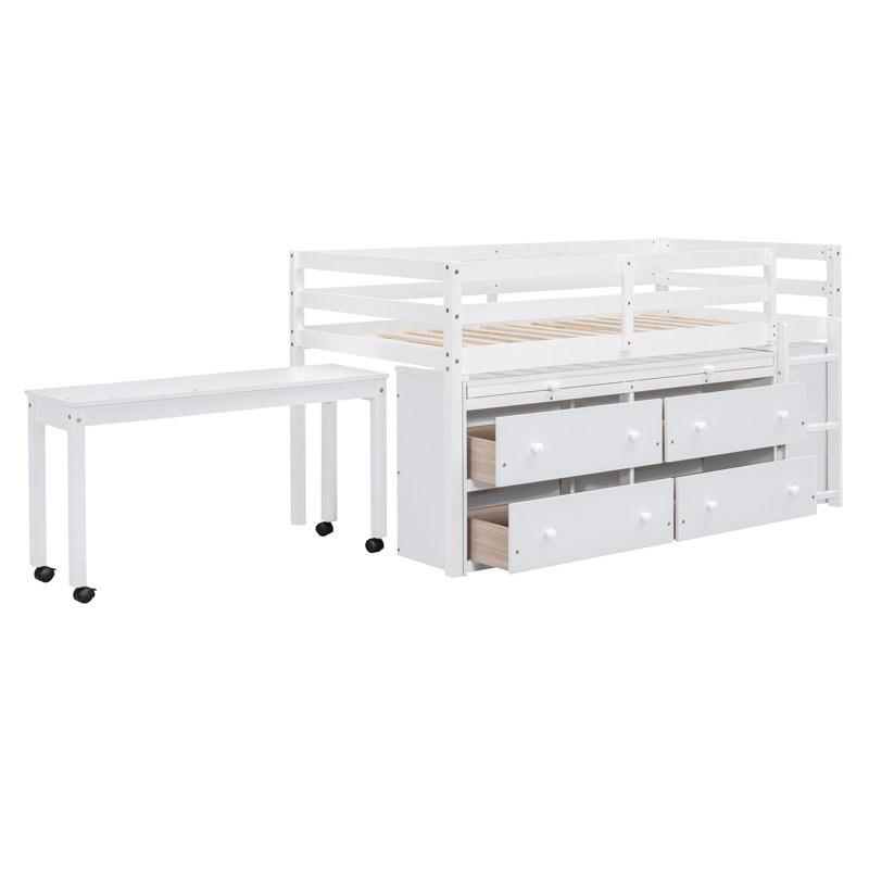 Loft Bed with Retractable Writing Desk and 4 Drawers, Wooden Loft Bed with Lateral Portable Desk and Shelves, Twin, White
