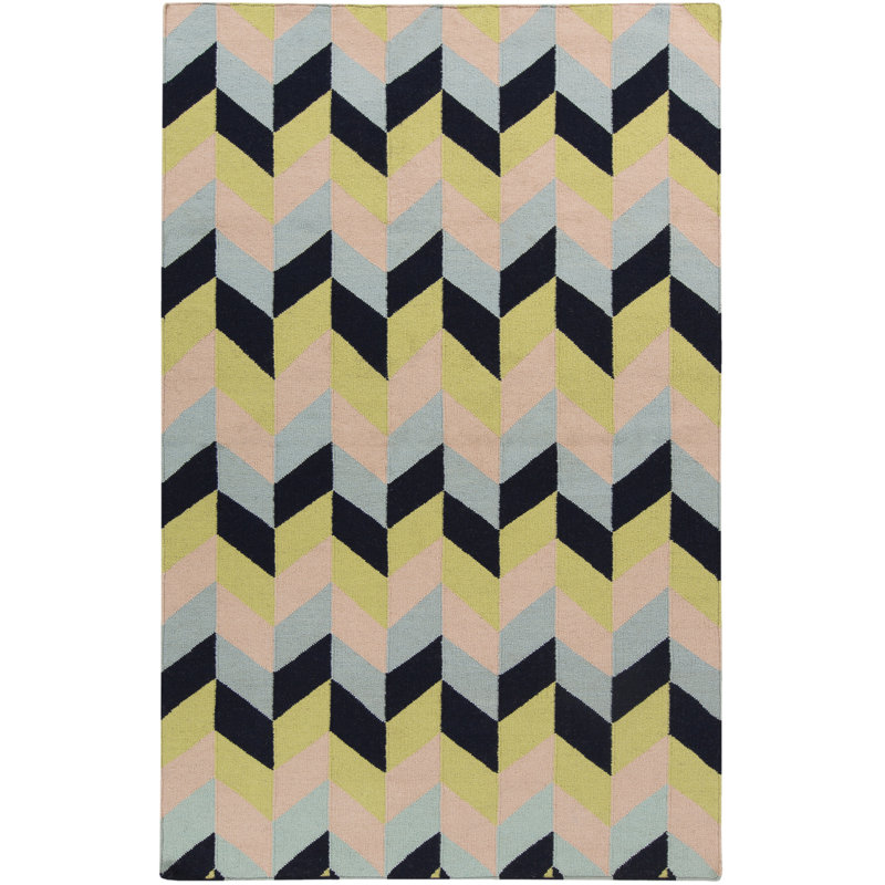 Tapis géométrique en laine tissé à la main lime / bleu marine / bleu / rose Crisman, Rectangle 2 pi x 3 pi