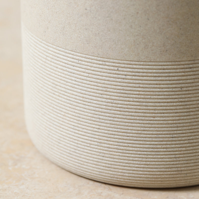 Beige Polyresin Marble Look Round Wastebasket