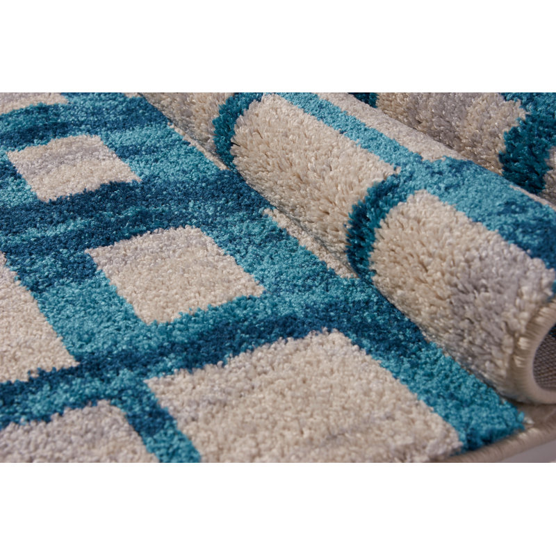 Tapis géométrique gris / bleu Pinheiro, Rectangle 2 pi 7 po x 4 pi 11 po
