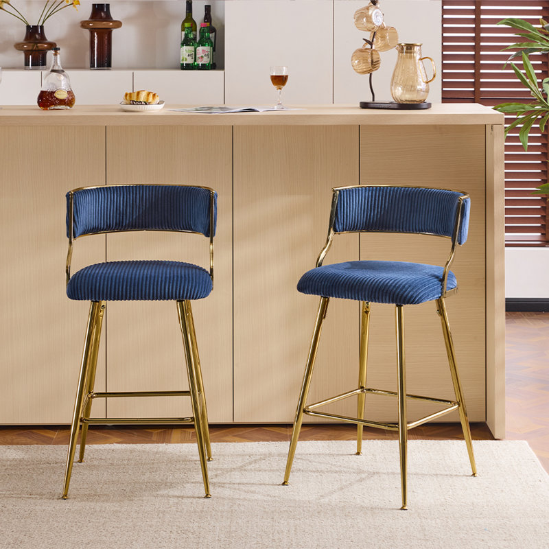 Ensemble de 2 tabourets de bar en velours avec repose-pieds et pieds réglables pour îlot de cuisine, Bleu