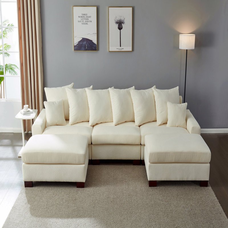 Modular Sectional Sofa,5 Seater Oversized Convertible L & U Shaped Couch, Corduroy Fabric, Beige Fabric