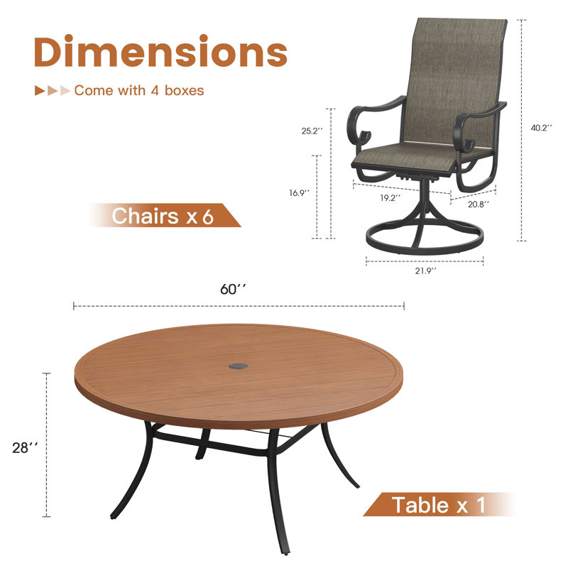 Ensemble de salle à manger de 60 po avec 6 chaises pivotantes en textilène et une table de salle à manger pour 6 à 8 personnes
