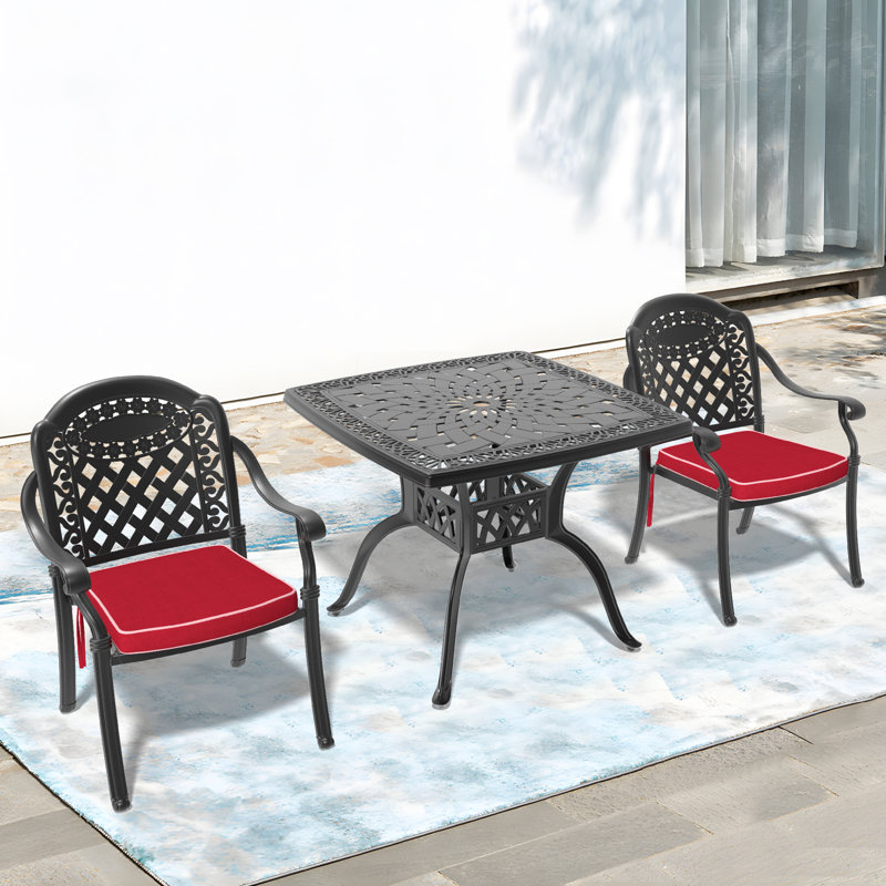 Ensemble de salle à manger carré en aluminium coulé avec trou pour parasol et coussins de couleur rouge H 35,43 "H 35,43" Hwan