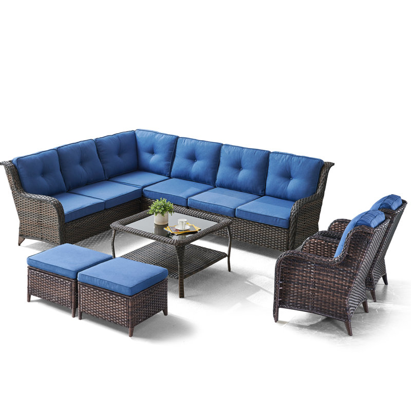 Ensemble de conversation d'extérieur pour 8 personnes avec coussins Schutt, Structure brune / coussin bleu