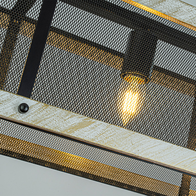 32 po Lustre 3 lumières pour îlot de cuisine en maille noire avec cadre rectangulaire en bois blanc patiné