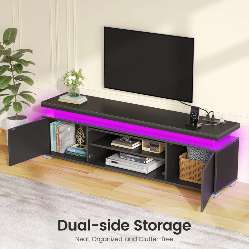 TV Stand for TVs up to 65", Entertainment Center with Storage, RGB LED Lights and 4 AC Outlets, Black