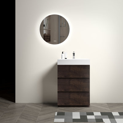 Meuble-lavabo de 24 po en noyer - autoportant moderne, espace de rangement autoportant substantiel, lavabo blanc, coulisses silencieuses, conception pré-assemblée, grand espace de rangement, lavabo, unité silencieuse
