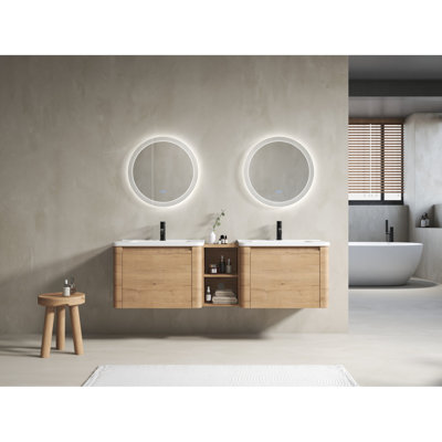 Meuble-lavabo mural 68 po avec lavabo en céramique et tablettes de rangement