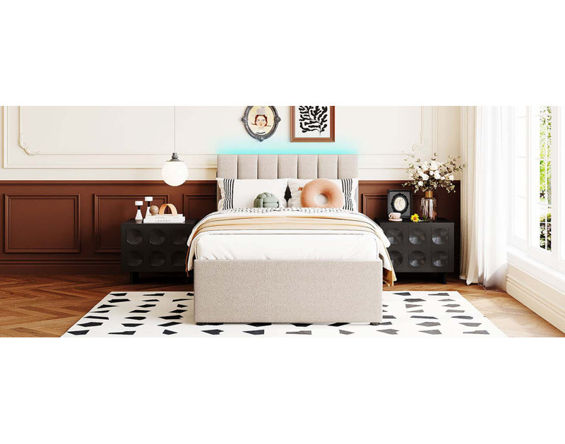 Lit plateforme tapissier simple avec lit gigogne Teddy, Beige
