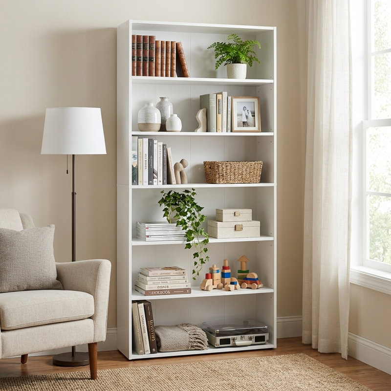 63.3" H  x 31.5"W 6-Tier Open Bookshelf with Adjustable Shelves & Sturdy H-Shaped Frame, Cloud White