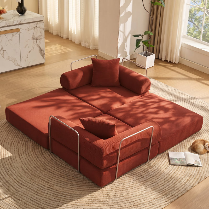 HF-73" W x 36.5" D x 32" H Corduroy Convertible Modular Sofa Bed, Red