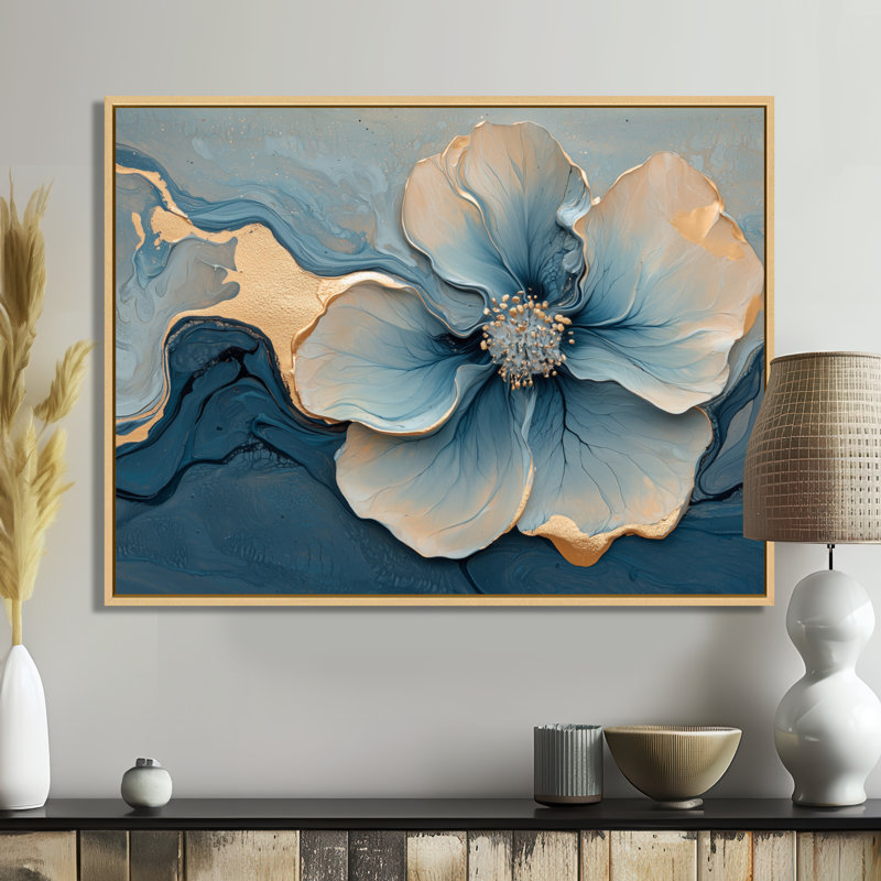 Marbre de geramium abstrait Irmtraut en bleu doré I - art mural en marbre, H 30 po x l 40 po, Impression encadrée flottante