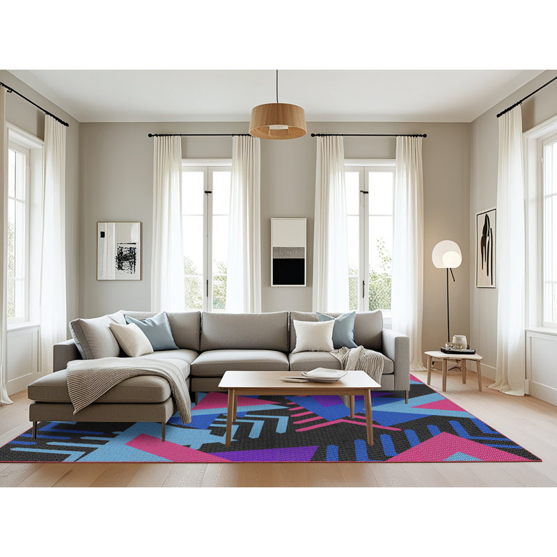 Tapis rose/mauve/bleu tissé à la machine électrique, Rectangle 8 pi x 12 pi