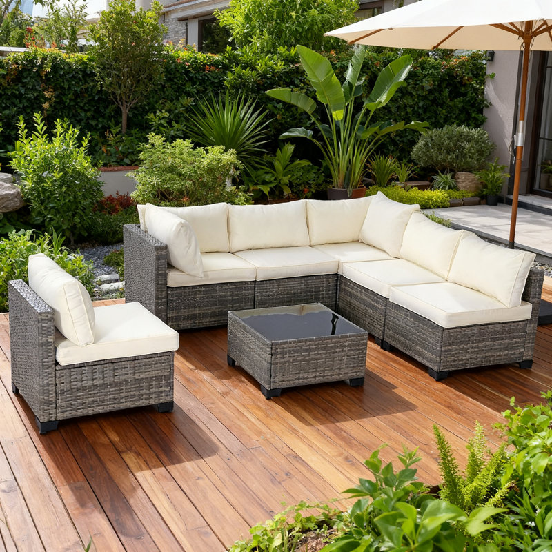 7 Pieces Outdoor Patio Furniture Set, Wicker Sectional Sofa Set Rattan Modular Patio Conversation Sets with Cushions Couch Set & Coffee Table for Outside, Garden, Balcony, Porch