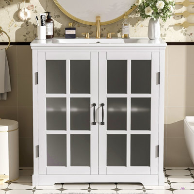 Meuble-lavabo moderne de 30 po avec lavabo en céramique, meuble-lavabo avec verre Tempe Blur et poignées mates, équipé d'un grand espace de rangement et d'un cadre en bois d'hévéa