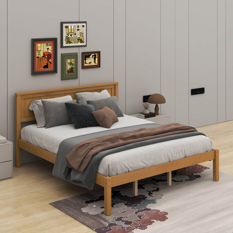 Platform Bed Frame With Headboard, Oak, Queen