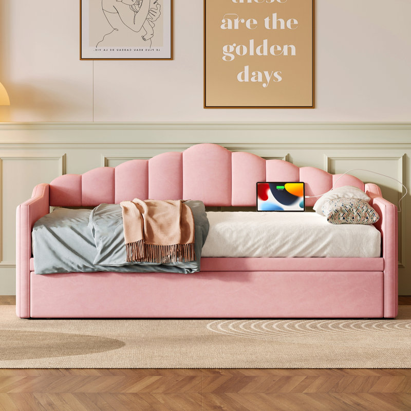 Upholstered Twin Size Daybed With Adjustable Height Pop Up Trundle Twin Bed And Usb & Type-C Charging Port, Day Bed Frame With 2 Side Pockets, No Box-Spring Needed, Pink