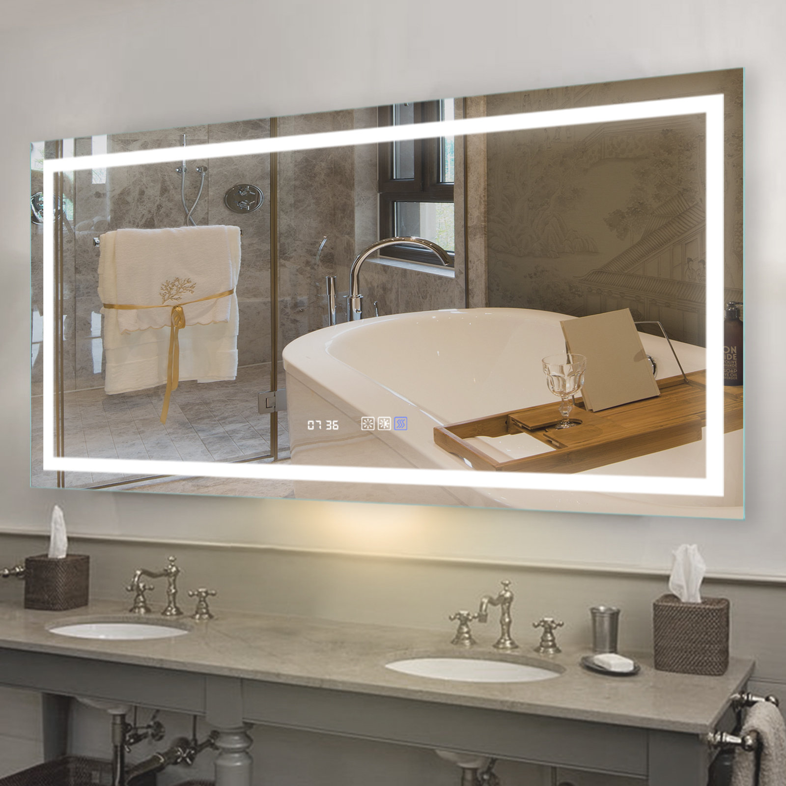 seam led bathroom mirror, wall mounted anti-fog large dimmable lighted  vanity mirror