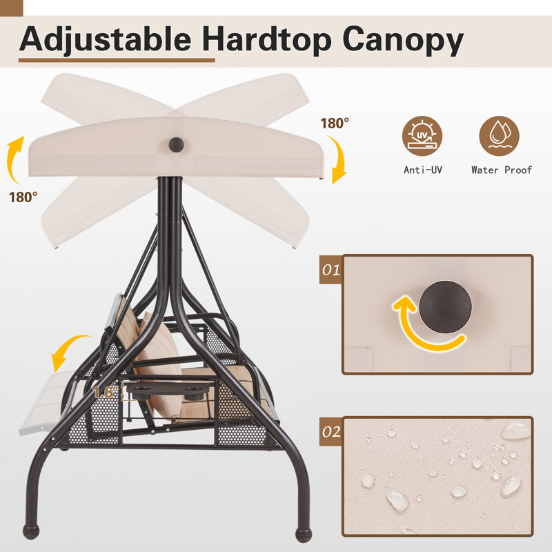 Brown 3-Person Patio Swing with Adjustable Canopy and Cup Holders