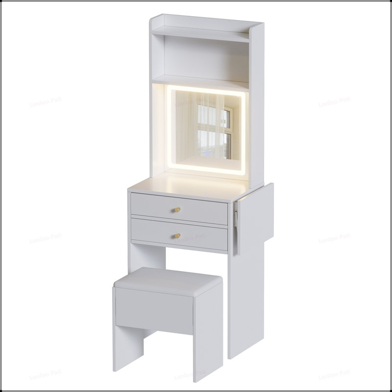 Ensemble de coiffeuse polyvalent compact avec miroir réglable et fauteuil de rangement pour espaces restreints