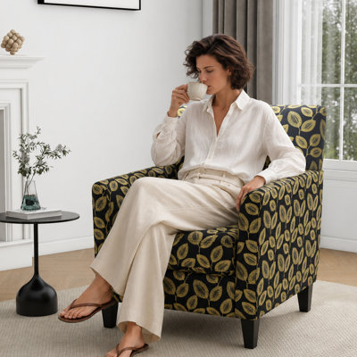 Fauteuil d'appoint rembourré à motif botanique, en tissu jacquard, avec pieds fuselés en bois et coussin en mousse haute densité de 800 g (lot de 2).