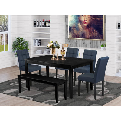 L'ensemble de table de salle à manger 6 pièces comprend une table de cuisine et un banc Modren, 4 chaises de salle à manger Parson en tissu bleu marine foncé avec dossier élégant - finition noire