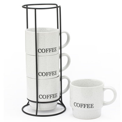 White COFFEE Stackable Coffee Mug Set with Rack