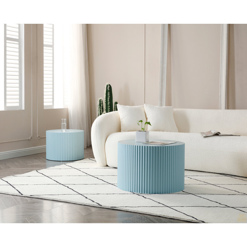 Ensemble de 2 tables gigognes, table basse artisanale, Bleu clair