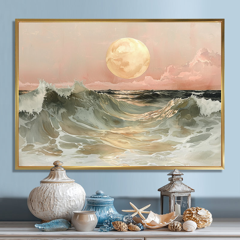 «Hargrave Bold Rose Sand Beach» Horizon I - vagues côtières, art mural, H 16 po x l 32 po, Cadre flottant, Doré