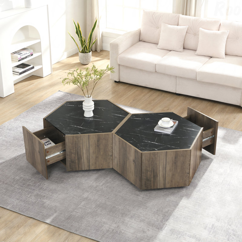 Table basse Hexagonal Rustic, Noir / chêne brun clair