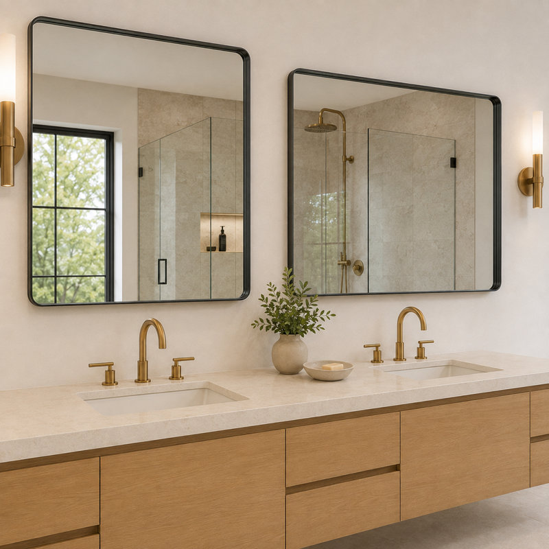 Miroir de salle de bain rectangulaire arrondi avec cadre en aluminium noir et verre trempé, 40" x 36"