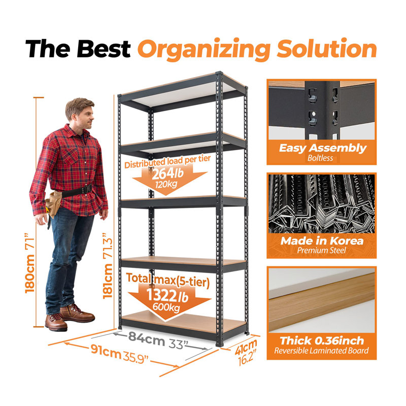 5 Tier Storage Shelves, Black/Oak