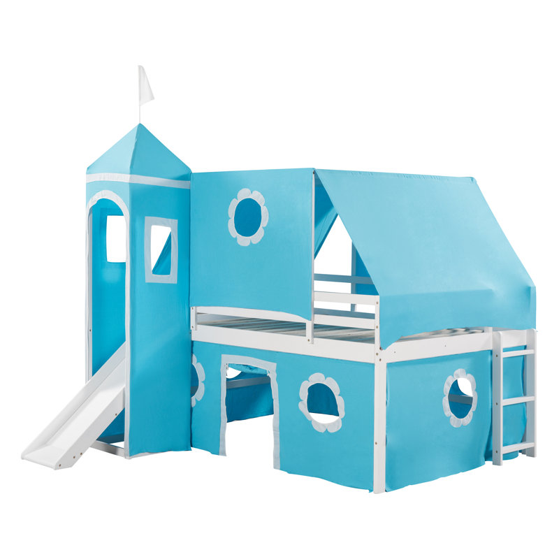 Lit mezzanine bas avec glissade Queribus, Bleu, Lit double