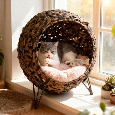 Ensemble de maison pour chat avec feuille de bananier tressé tissé à la main avec coussin, lit pour chat tissé