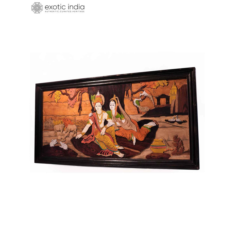 Art mural en bois sculpté à la main Radha Krishna 3D avec incrustation, panneau spirituel de 48 pouces