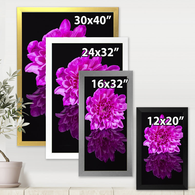 Fleur de chrysanthème simple sur reflet noir - photographie sur toile, H 32 po x l 16 po x P 1,5 po, Toile avec cadre argenté