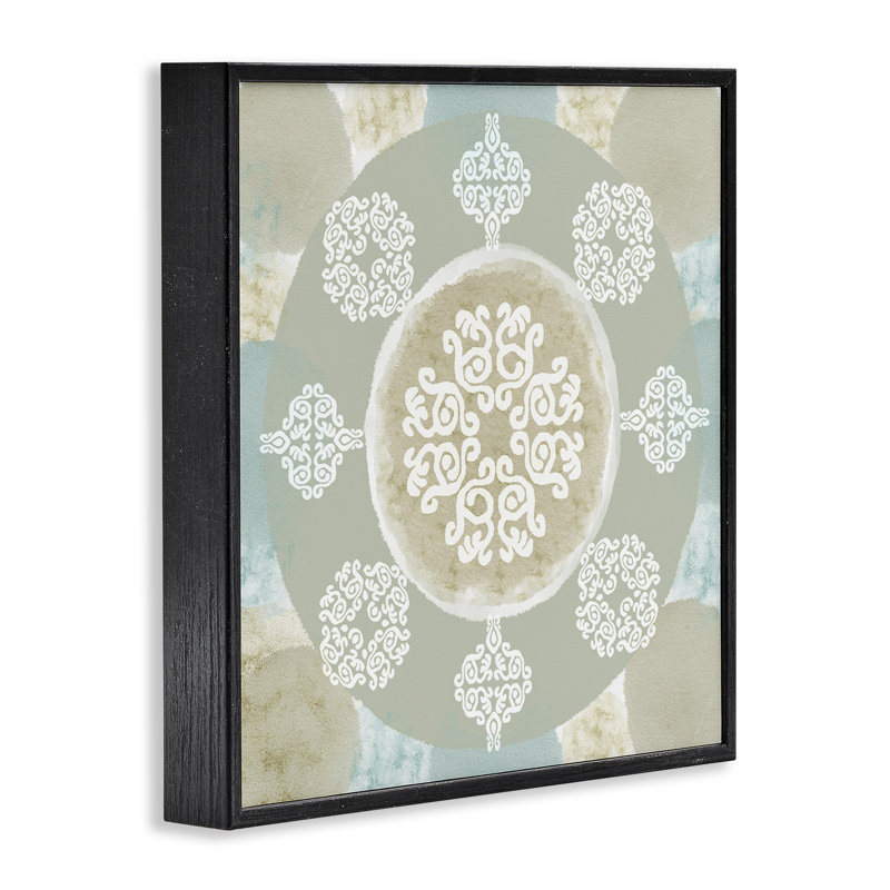 Menthe et beige mandala, estampe numérique encadrée par Flora Kouta, Giclée encadrée noir minuit, H 12 po x l 12 po