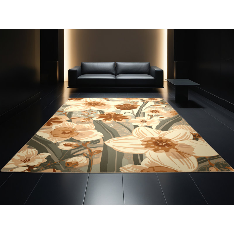 Tapis floral BCBG beige lavable à la machine - reliure beige, 2 x 5